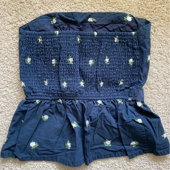 Strapless Blue Smocked Back Top with Bow - Picture 2 of 4